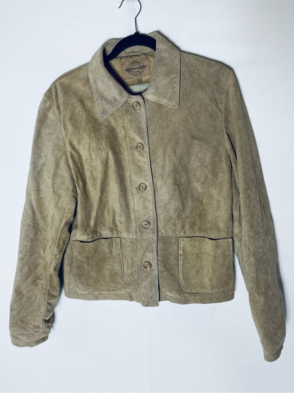 Vintage 90s Y2K Skotts Suede Button Front Tan Beige Suede Leather Jacket L